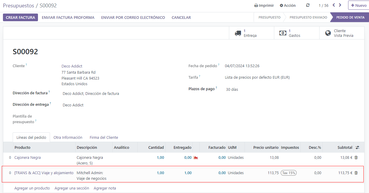 La ficha del presupuesto con el gasto metido en las lineas de pedido