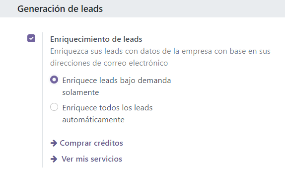 Pagina generacion leads en ajustes CRM Odoo