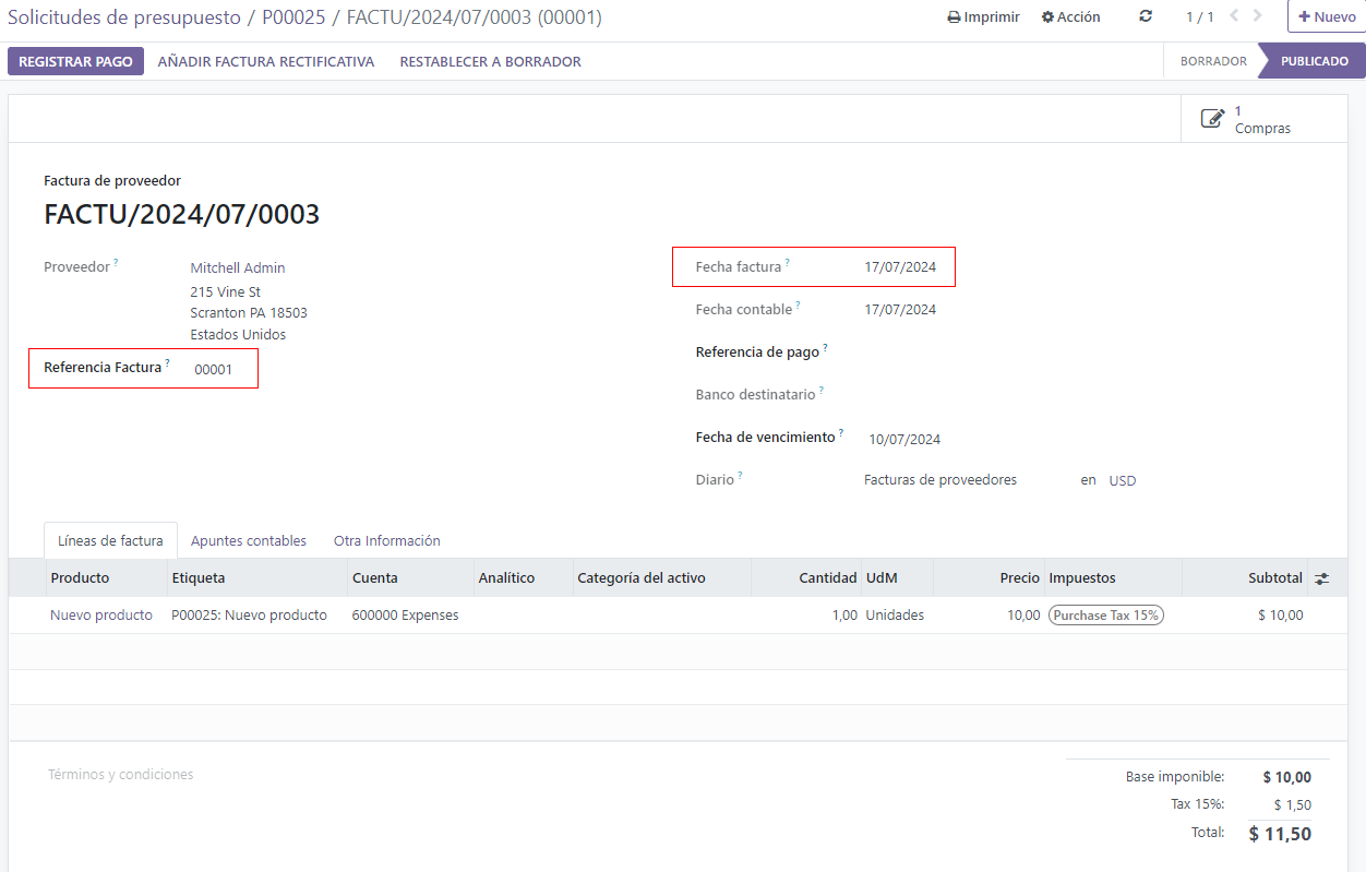 Vendor bill form for ordered quantities control policy.