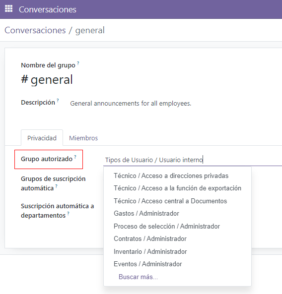 View of a channel's settings form in Odoo Discuss.