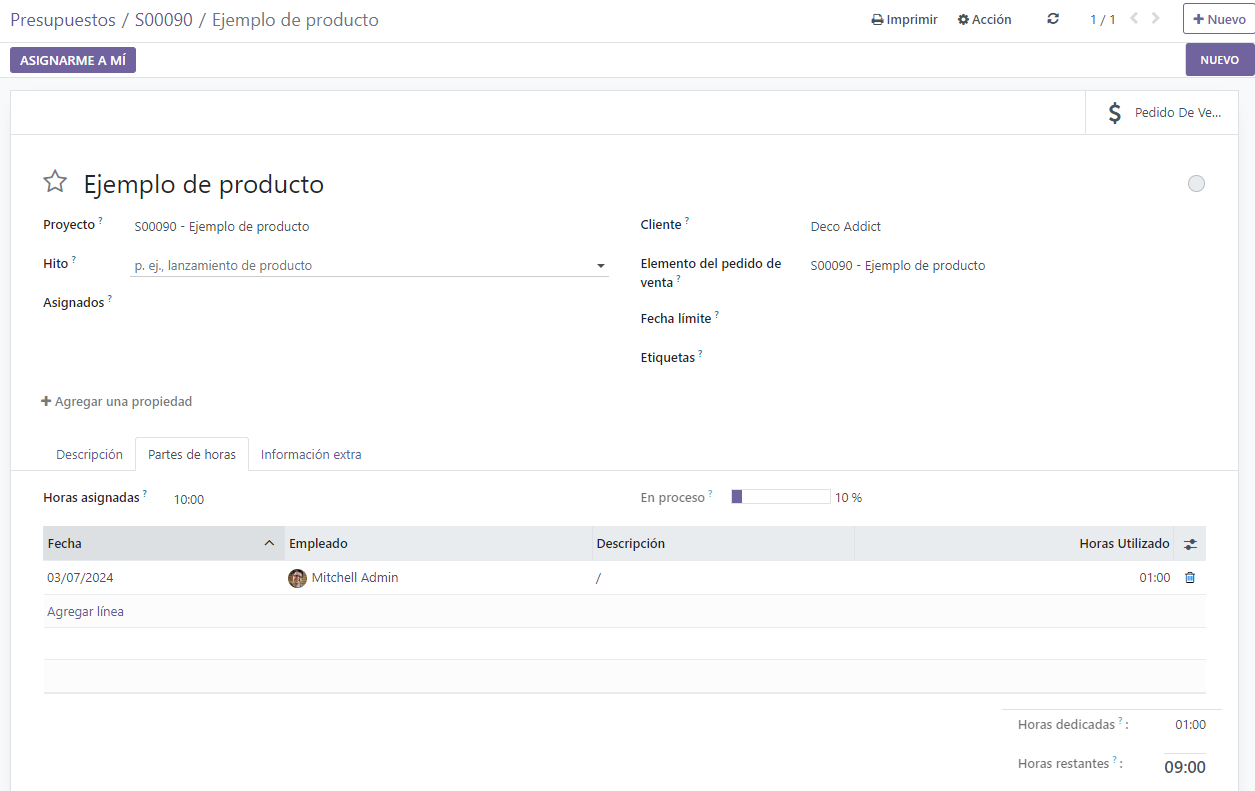Como aparece la pestaña de hojas de tiempo en un formulario de tarea en Odoo