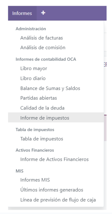 Informes contabilidad en el menú de Odoo