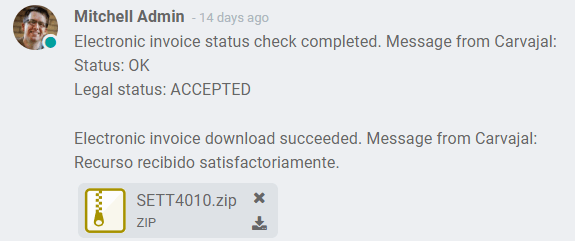 ZIP file displayed in the invoice chatter in Odoo.