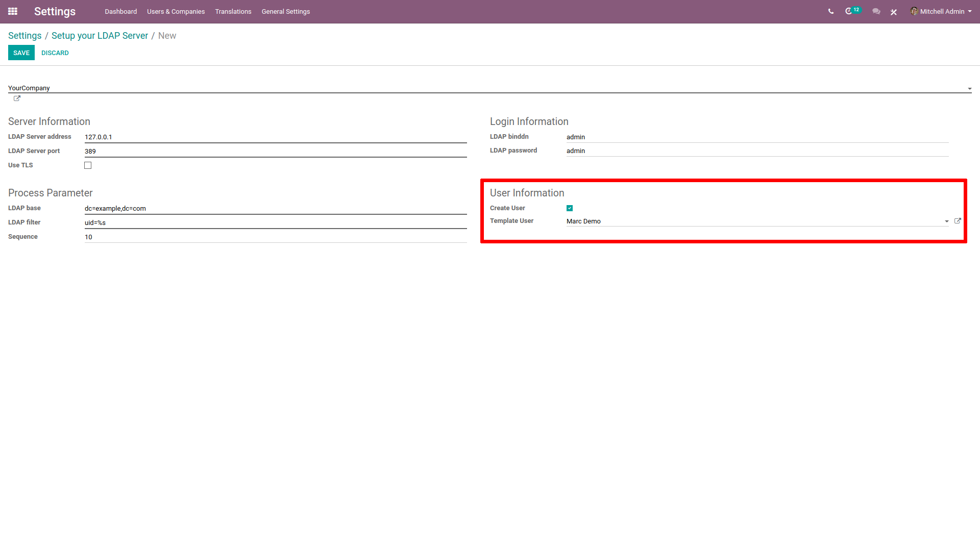 User information highlighted on LDAP server setup on Odoo.