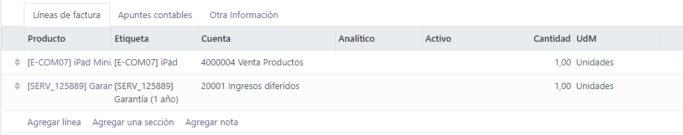 Selección de una cuenta de ingresos diferidos en un borrador de factura