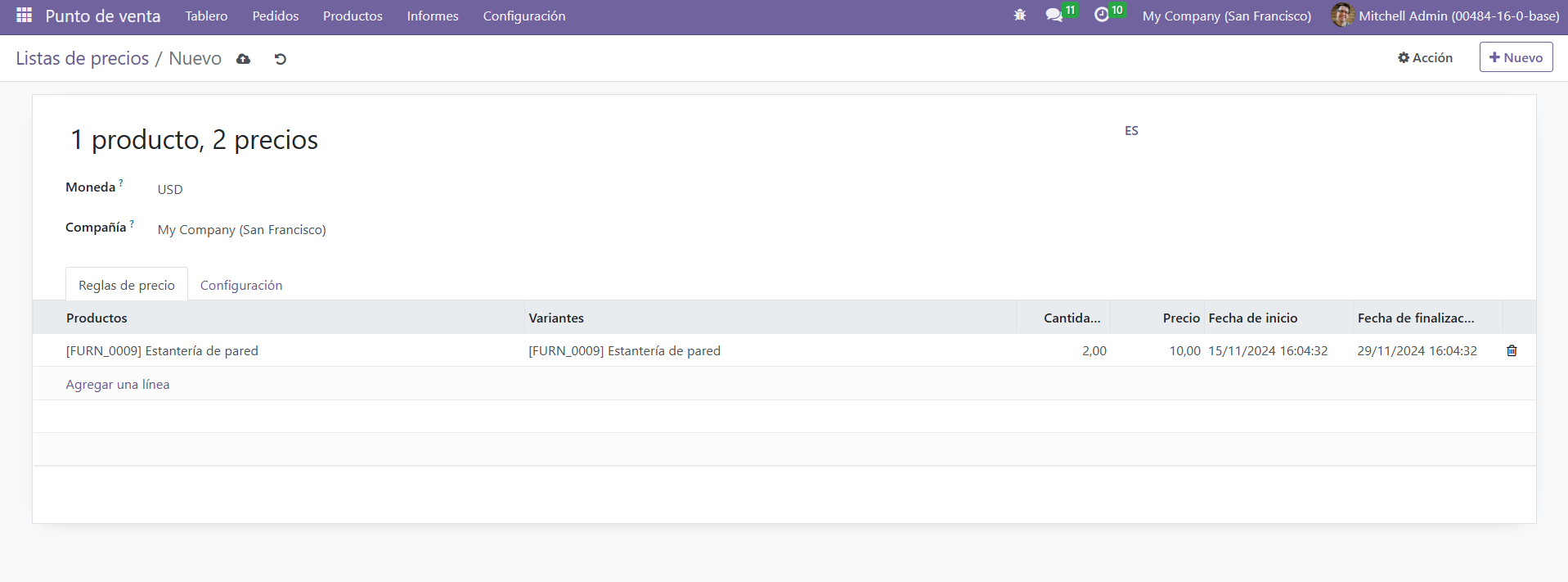 Setup form of a multiple prices pricelist