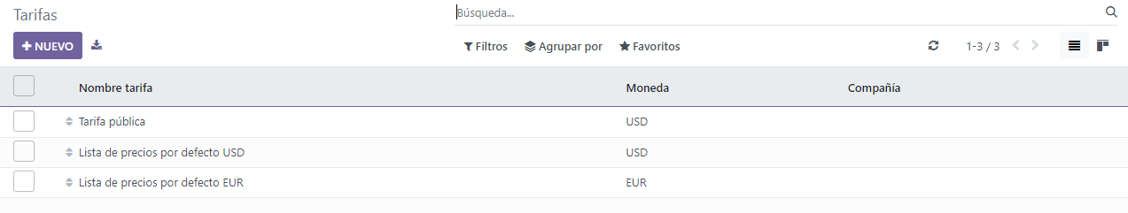 Como se ve la pagina de lista de precios en Odoo