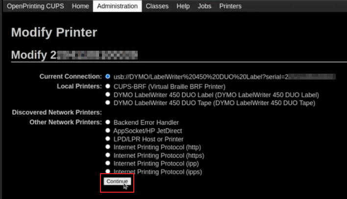 Printer selection screen with Continue highlighted.