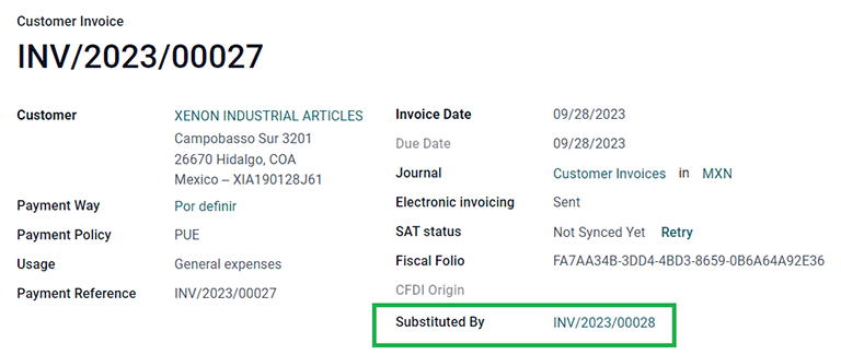 Invoice with the Substituted By field referencing the CFDI Origin invoice.