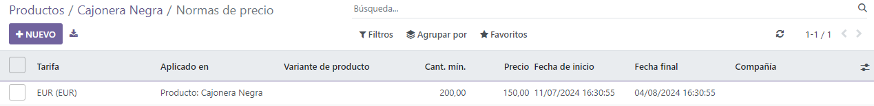 Pagina de normas de precio en la app ventas