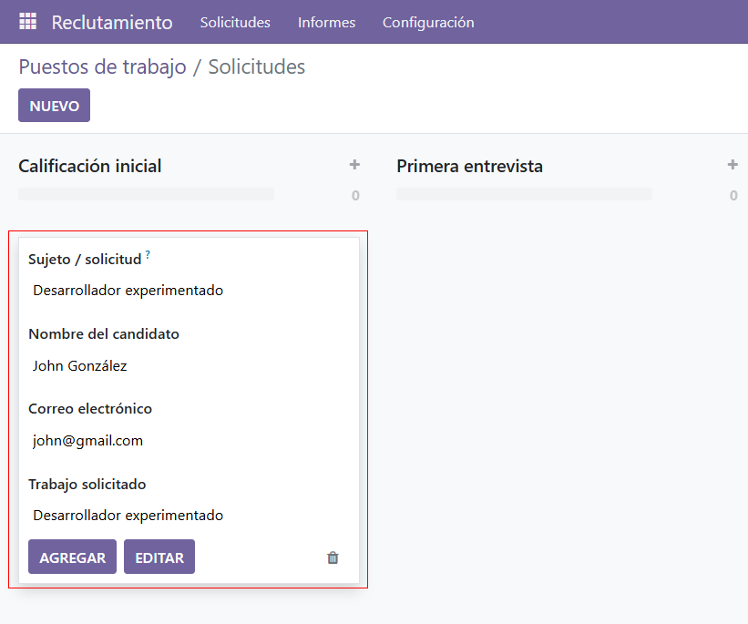 All the fields for a new applicant form entered when using the Quick Add option.