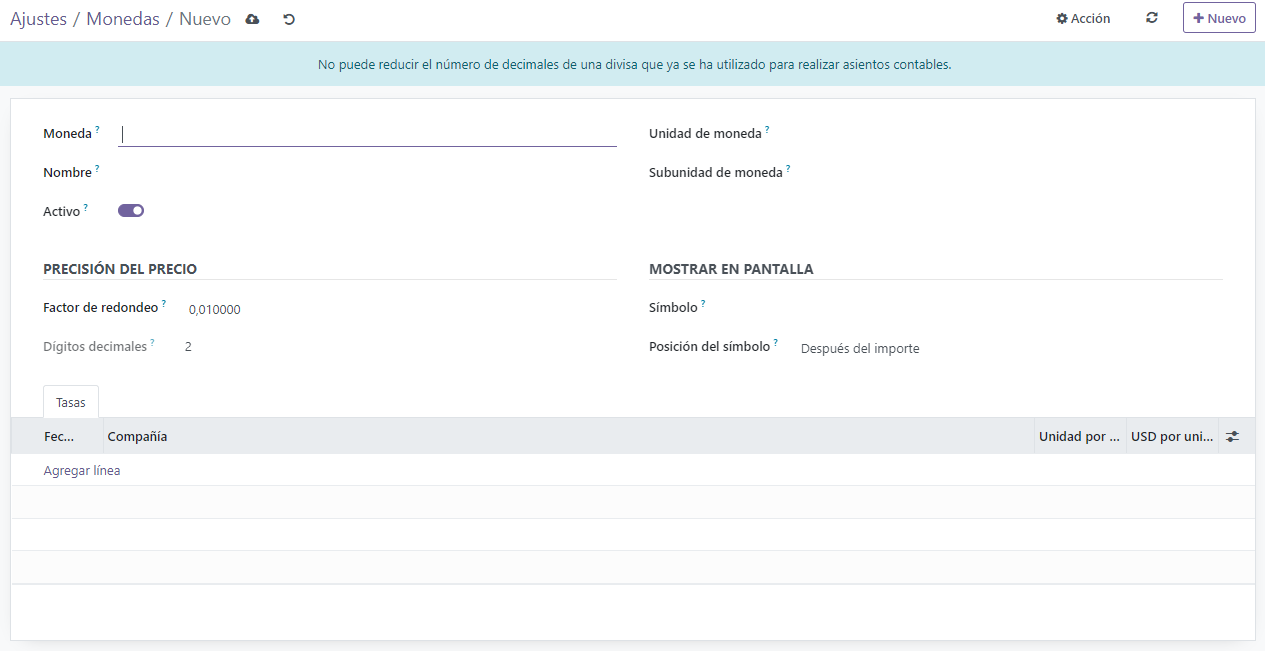Ficha de una nueva moneda en Odoo