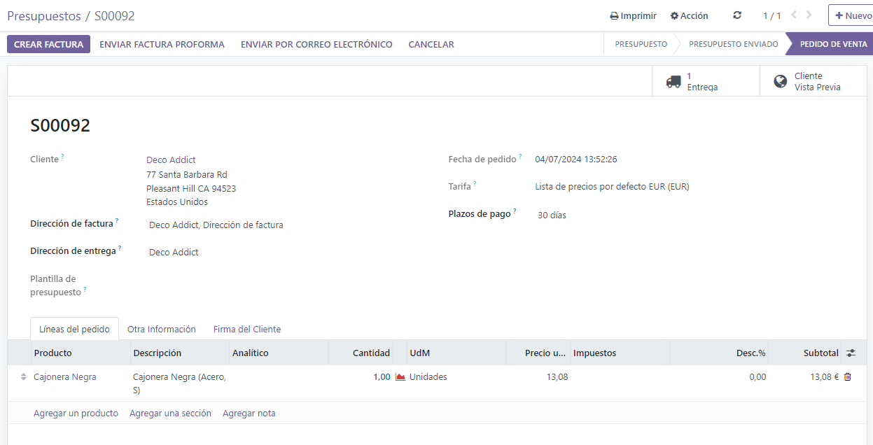 Asi se ve una orden de venta confirmada en Odoo