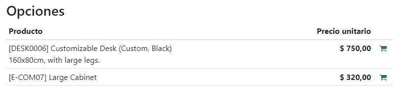 Vista previa producto opcional en el presupuesto