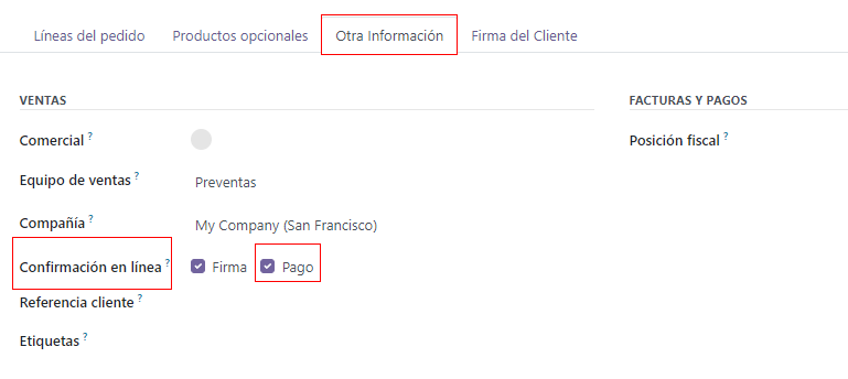 La configuración de pago en línea en una cotización estándar en Odoo Ventas