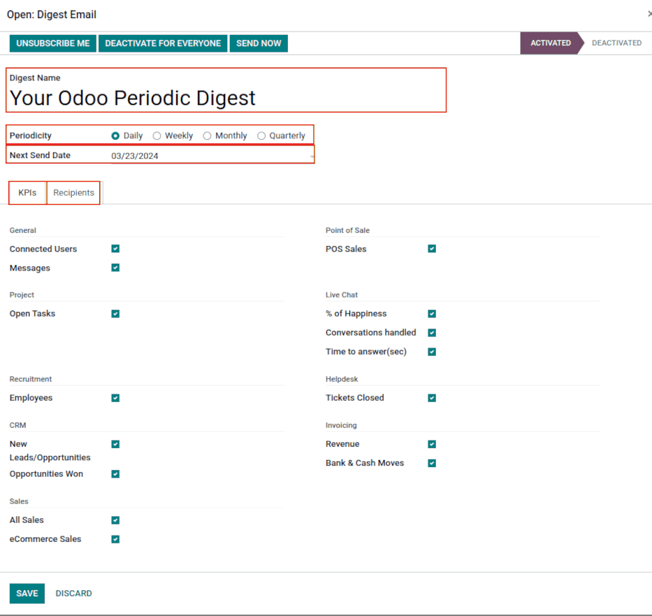 Customize default Digest Email settings and custom KPIs.