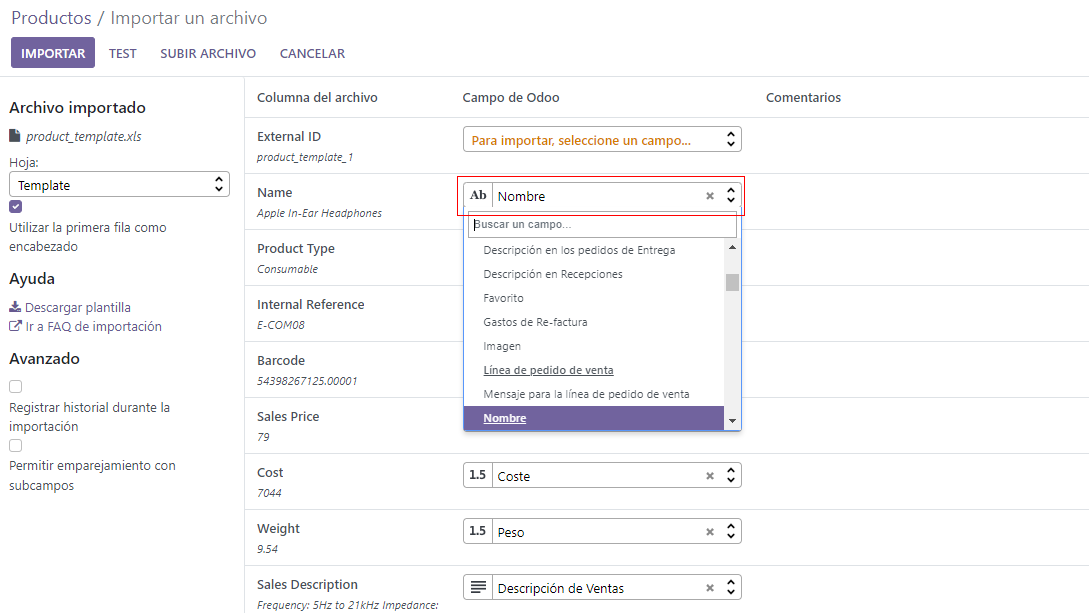 Menu de personalizacion y adaptacoion de la importacion