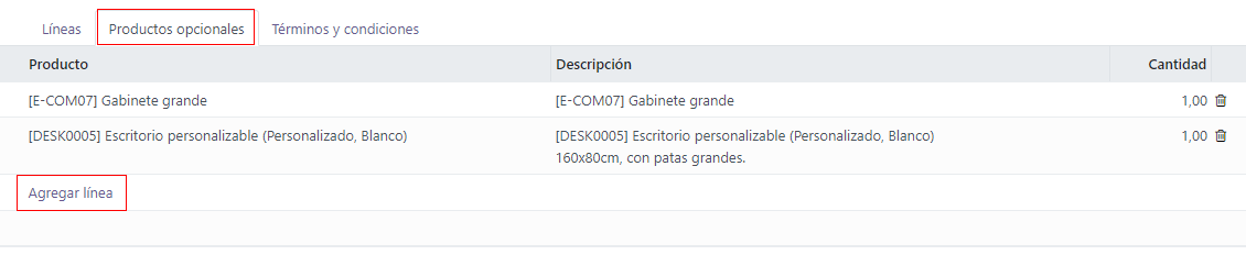 Vista previa de productos opcionales