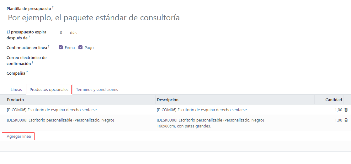 Pestaña de producto opcional en la plantilla de presupuesto