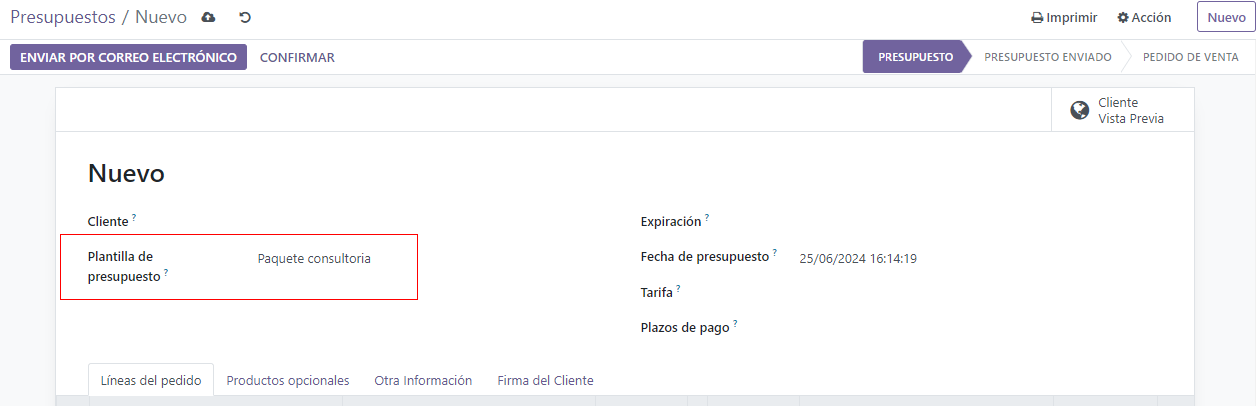 Aplicar plantilla al crear nuevo presupuesto