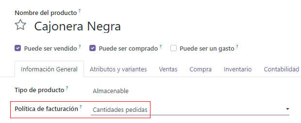 Formulario de producto que muestra varios detalles y campos