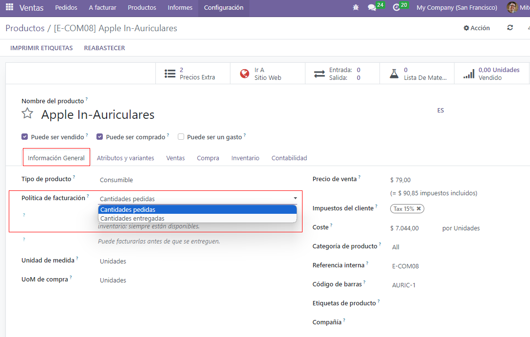 Como cambiar la politica de facturacion en la ficha de producto