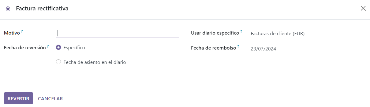 Formulario de factura rectificativa en Odoo