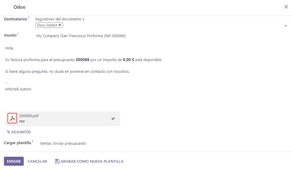 Pop up que aparece al seleccionar proforma