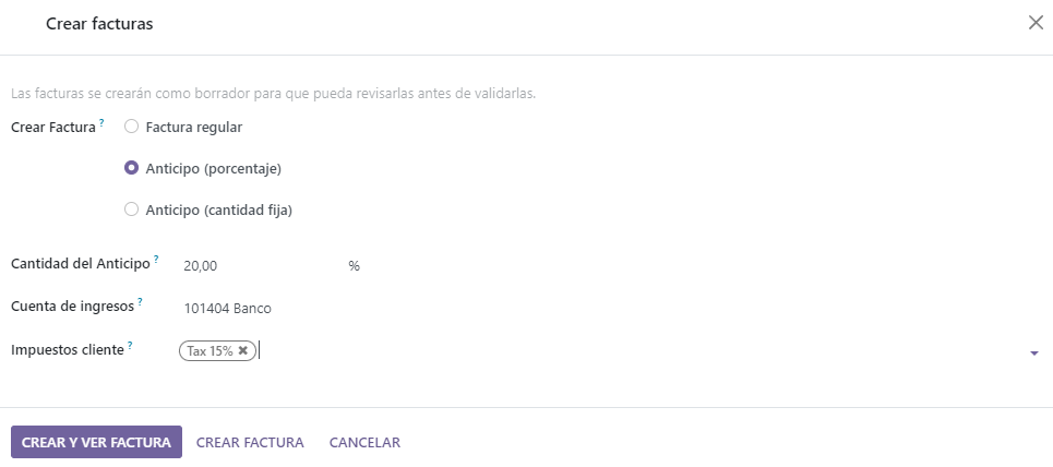 Un formulario emergente de creación de facturas con los campos de pago inicial llenos de información.