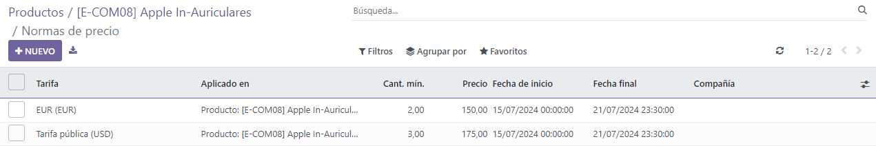 Establecer precios de productos basados en listas de precios en moneda extranjera