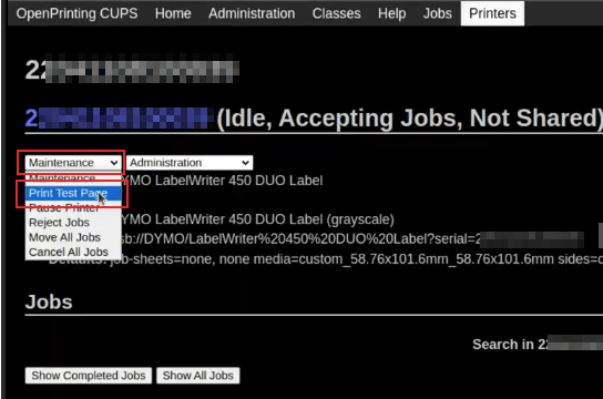 Printing a test page from the administration drop-down menu in the OpenPrinting CUPs server.