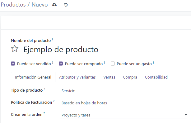 Los ajustes correctos para el campo crear bajo pedido para un producto de servicio