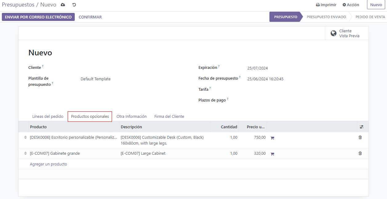 Añadir productos opcionales al presupuesto