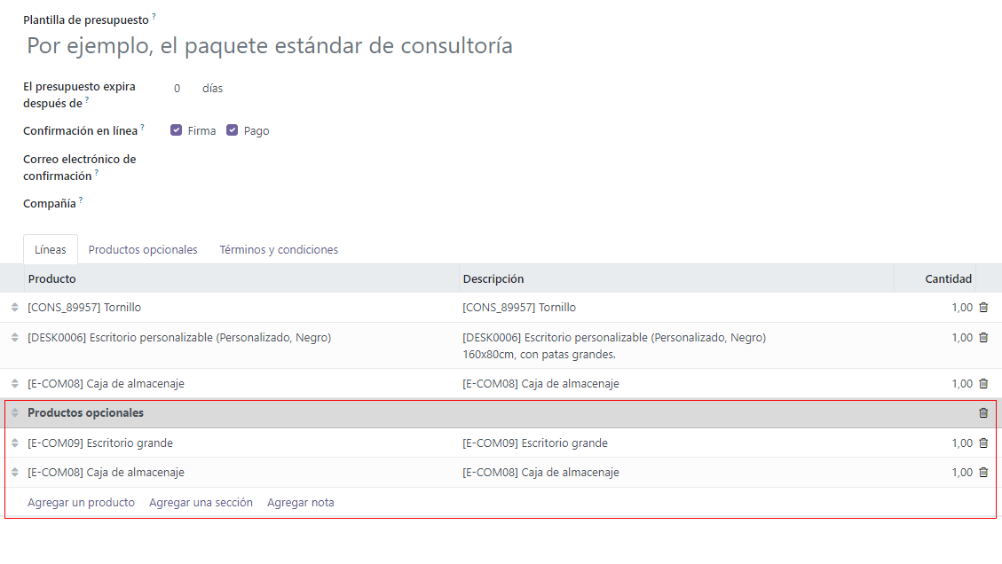 Pestaña de productos opcionales en la plantilla de presupuestos