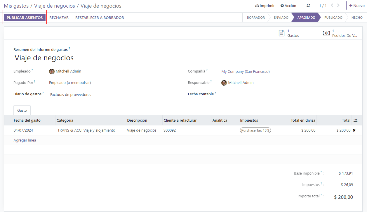 Resumen del informe de gastos con el botón de publicar asientos contables