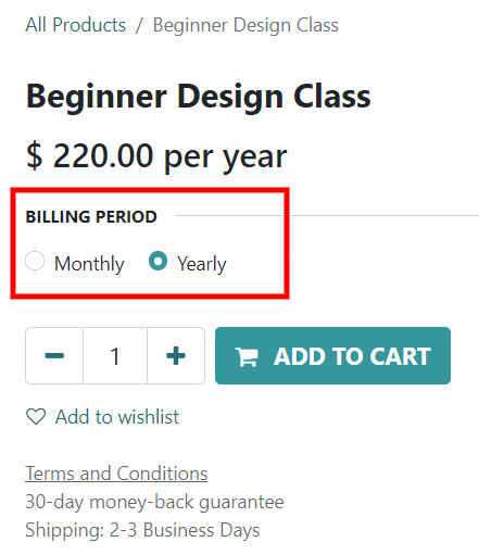 Recurrence periods configured as product variants on the eCommerce product page.