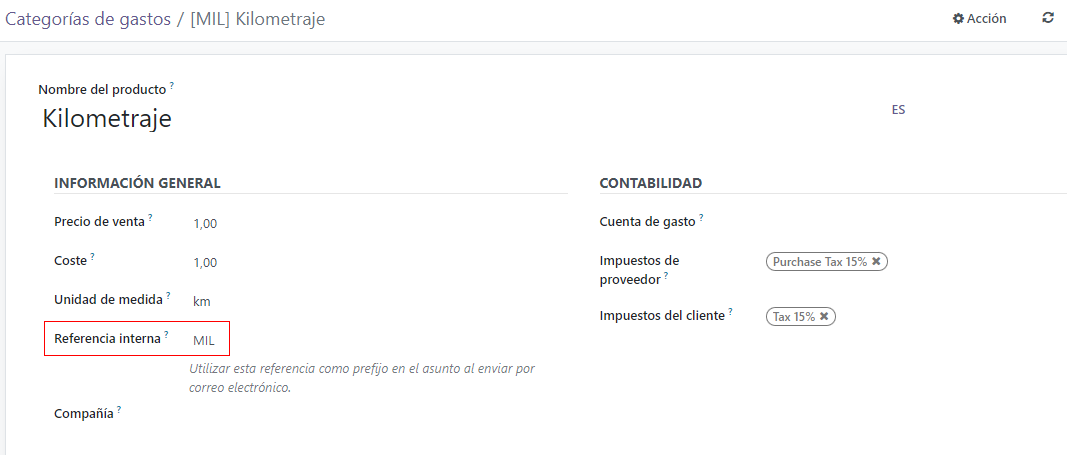 Los números de referencia internos se enumeran en la vista principal de Productos de gastos.