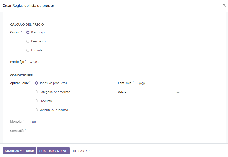 Crear reglas avanzadas en las listas de precios