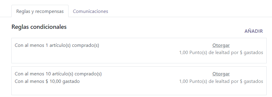 Reglas condicionales en la vista de tarjeta de fidelidad