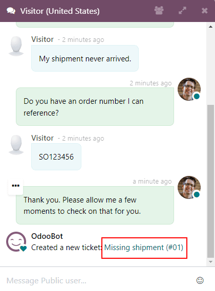 View of the chat window with a helpdesk ticket created in Odoo Live Chat.