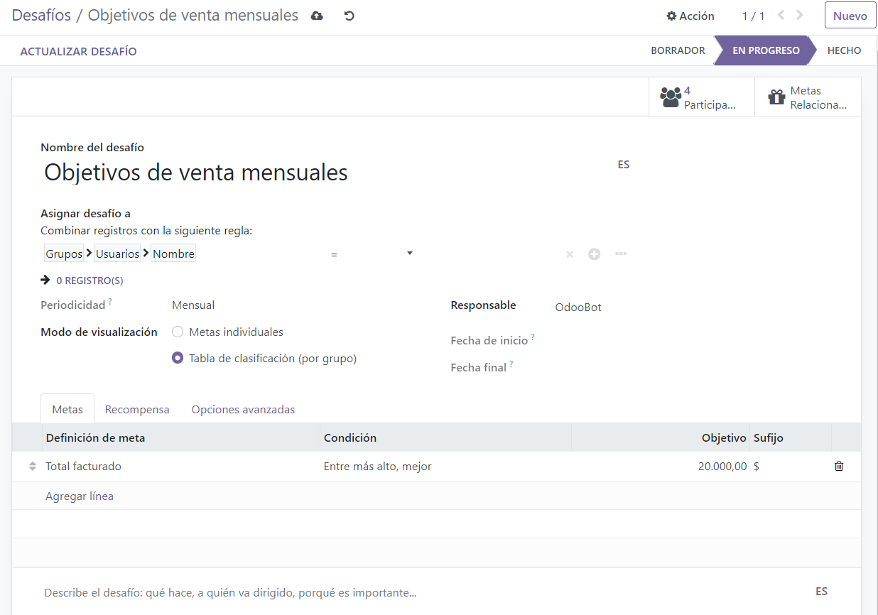 View of the challenge form and a challenge being created for Odoo Sales