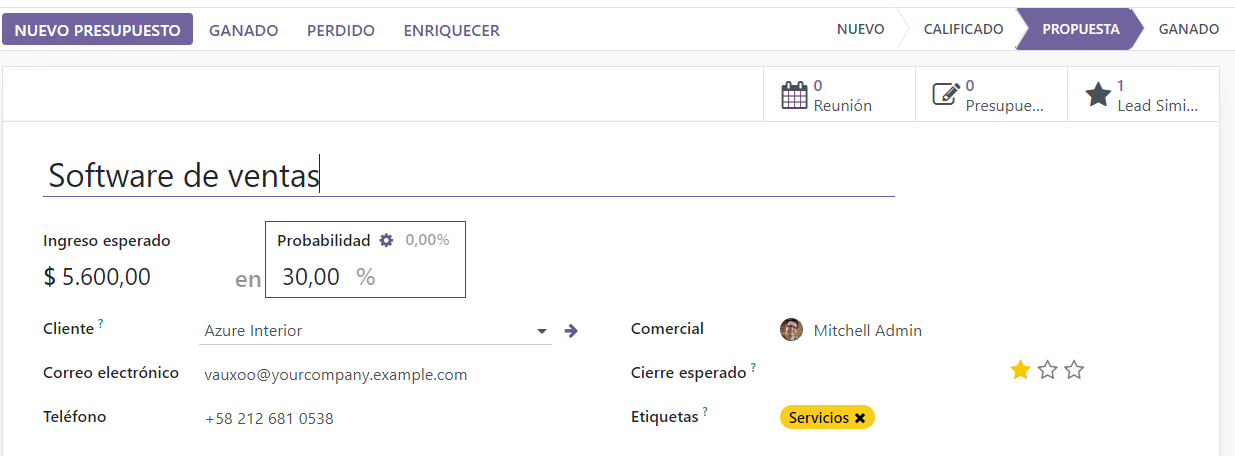 The probability of success displayed on the opportunity form.