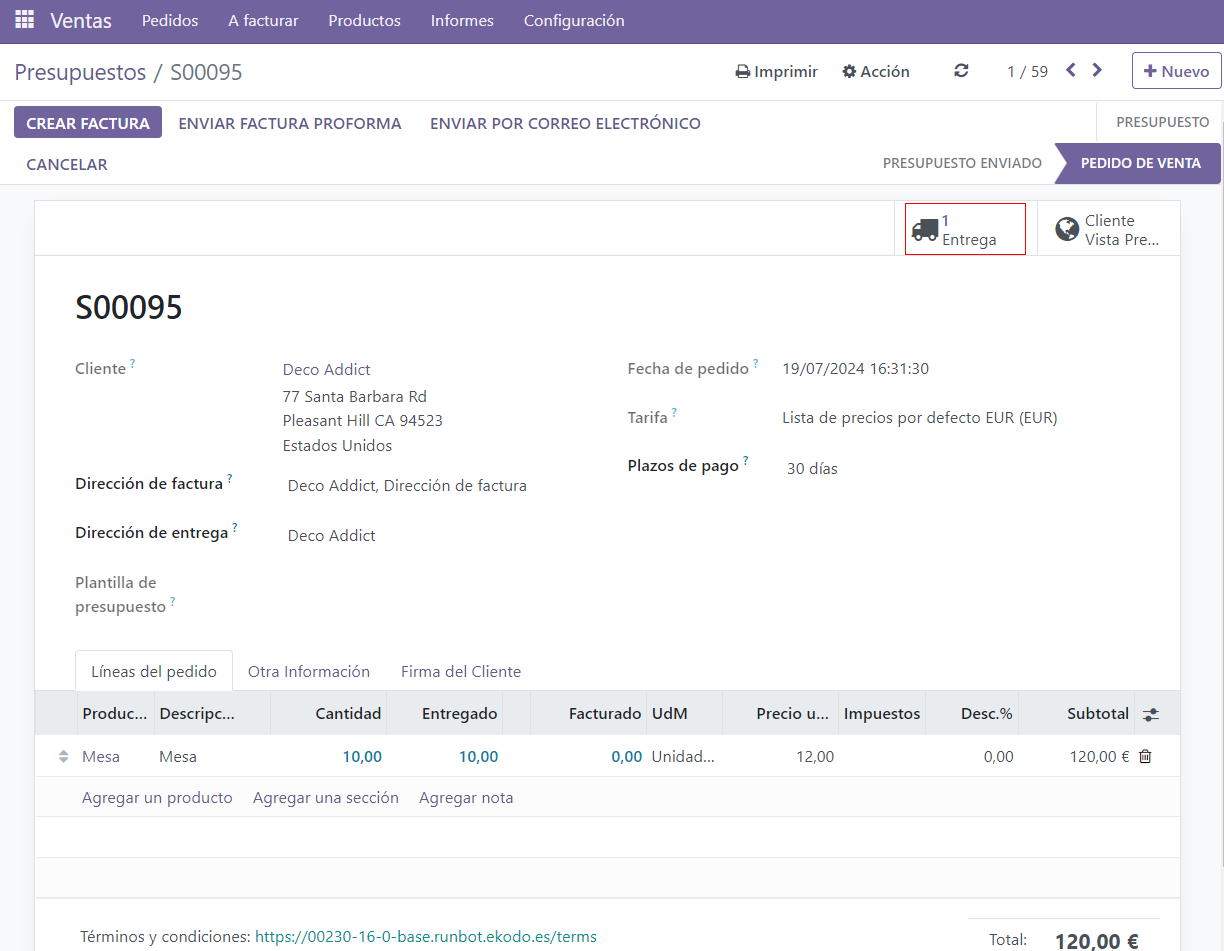 Botón inteligente de entrega en la plantilla de presupuesto