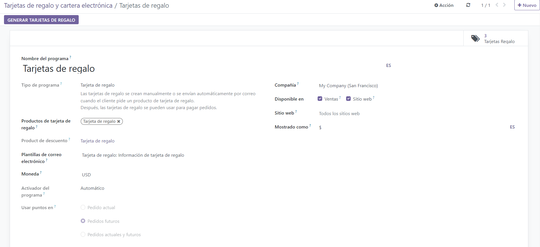 Configuración de la tarjeta de regalo