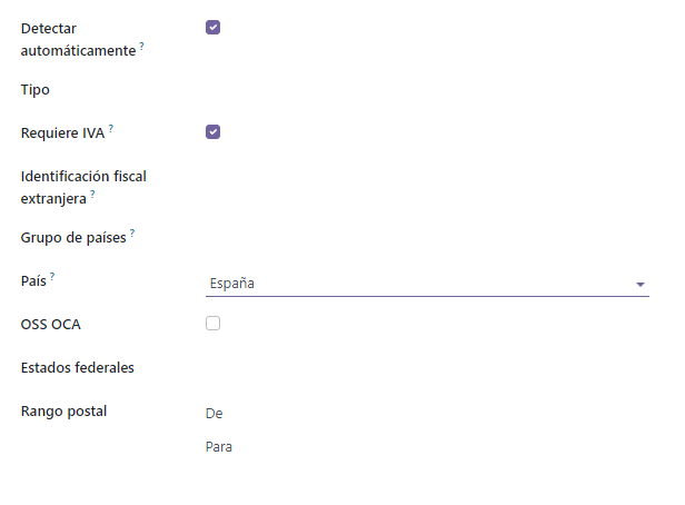 Example of a fiscal position automatic application settings