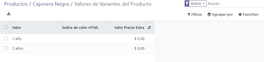 Pagina de configuracion de valores de variantes