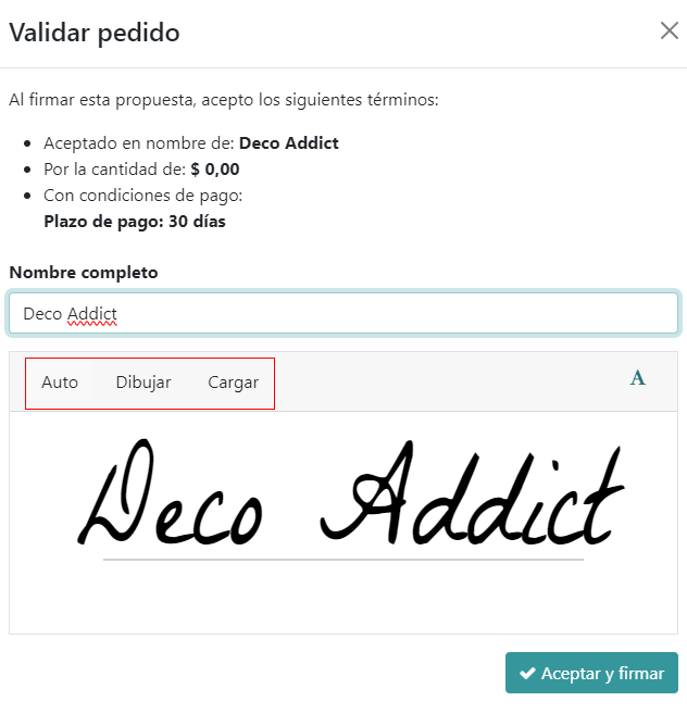 La ventana emergente de "Validar Pedido" para firmas en línea en Odoo Ventas.