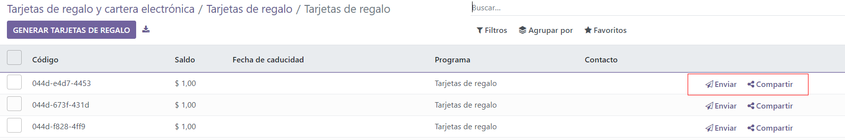 Botones de enviar y compartir tarjetas regalo