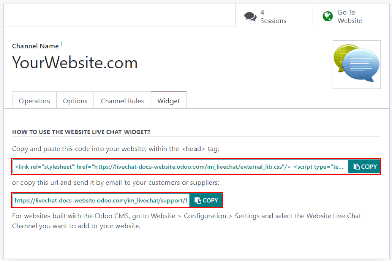 View of the widget tab for Odoo Live Chat.