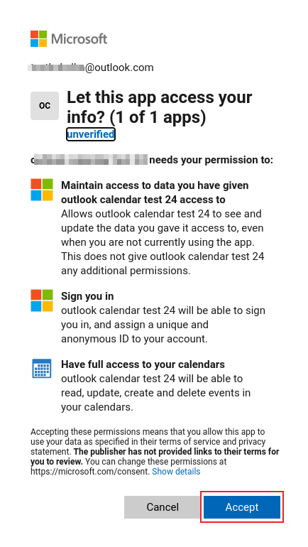 Proceso de autenticación en la página de OAuth de Microsoft Outlook.